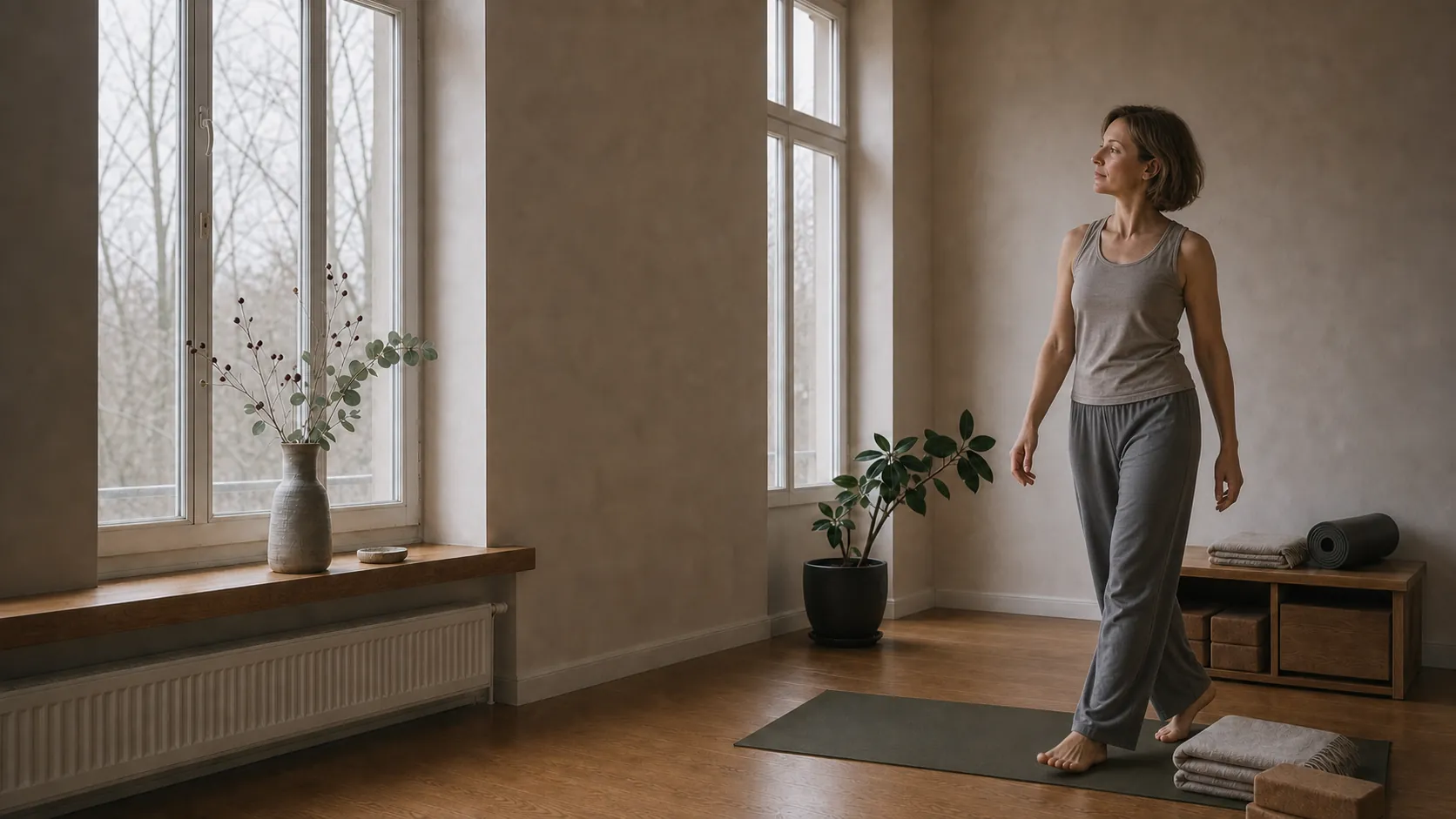 Klientin bewegt sich entspannt und barfuß durch das Studio