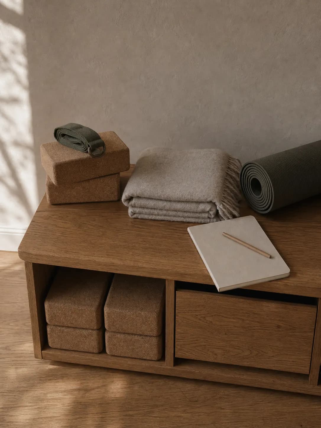 Yogablöcke, Decke und Matte auf einer Holzbank