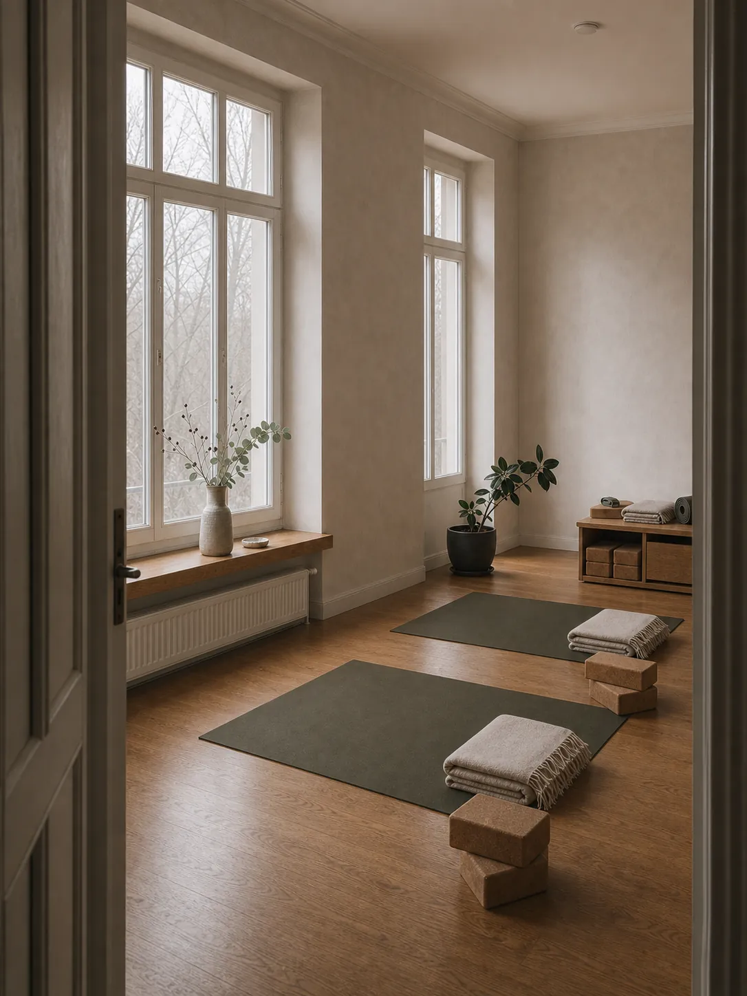 Blick durch die Tür in das private Yoga-Studio